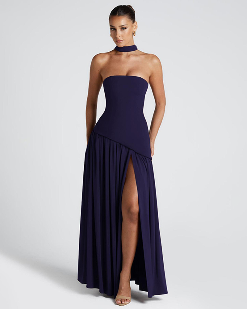 Women's Plain Split Thigh Strapless Bodycon Tube Dress