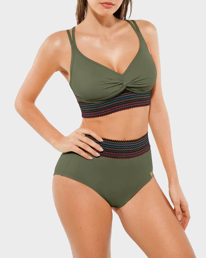 High Waisted Snakeskin Bikini Push Up Ruched Front Wide Ribbed Band