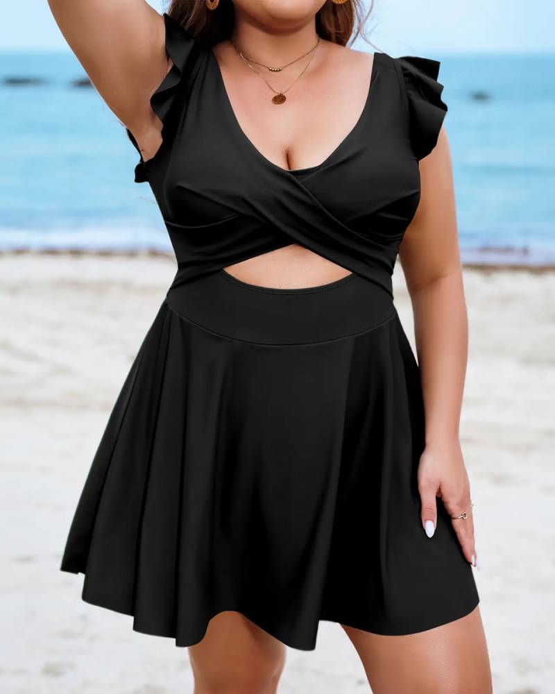 Women's Tummy Control Swimdress - V Neck Ruffle Cutout One Piece Swimsuit