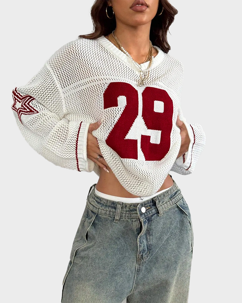 Hollow Football Y2K Long Sleeve Sweater Women's Streetwear Retro Casual Pullover