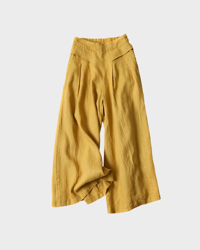 Cotton Linen Elastic Waist Wide Leg Culottes for Women with Pockets Capri Palazzo Pants