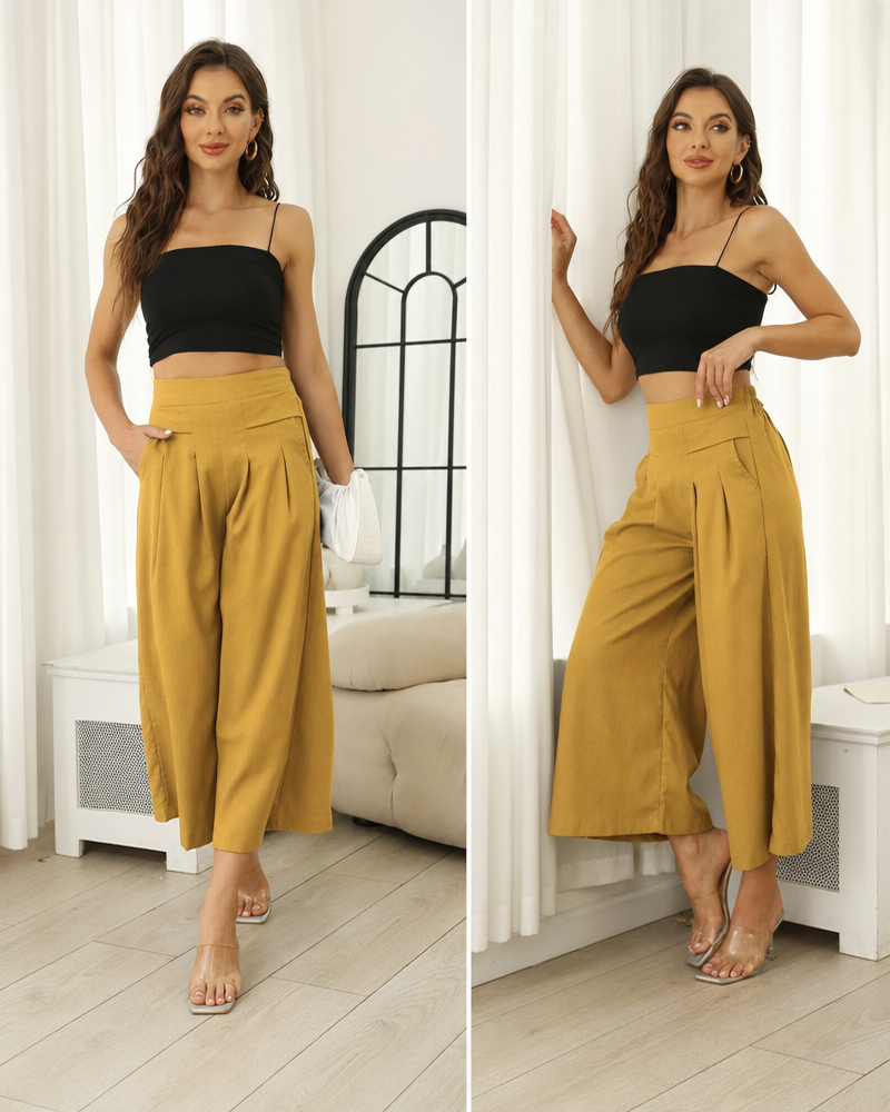 Cotton Linen Elastic Waist Wide Leg Culottes for Women with Pockets Capri Palazzo Pants