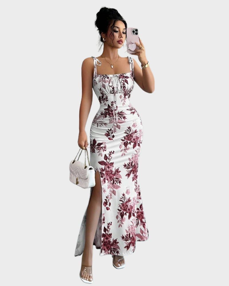 Fine Strap Bow Waist Floral Ruched Hem Slit Fitted Casual Slimming Elegant Dress