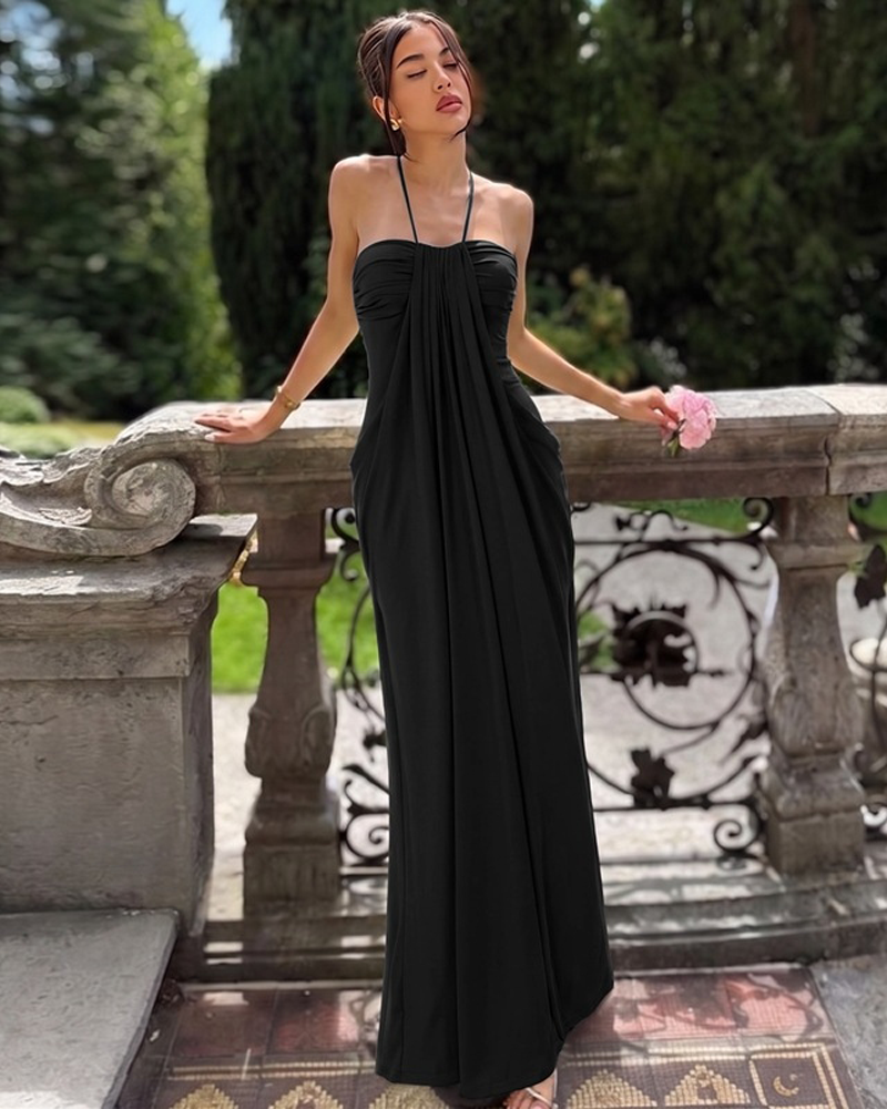 Strapless Halter Neck Sexy Backless with Pockets Tie Back Maxi Dress