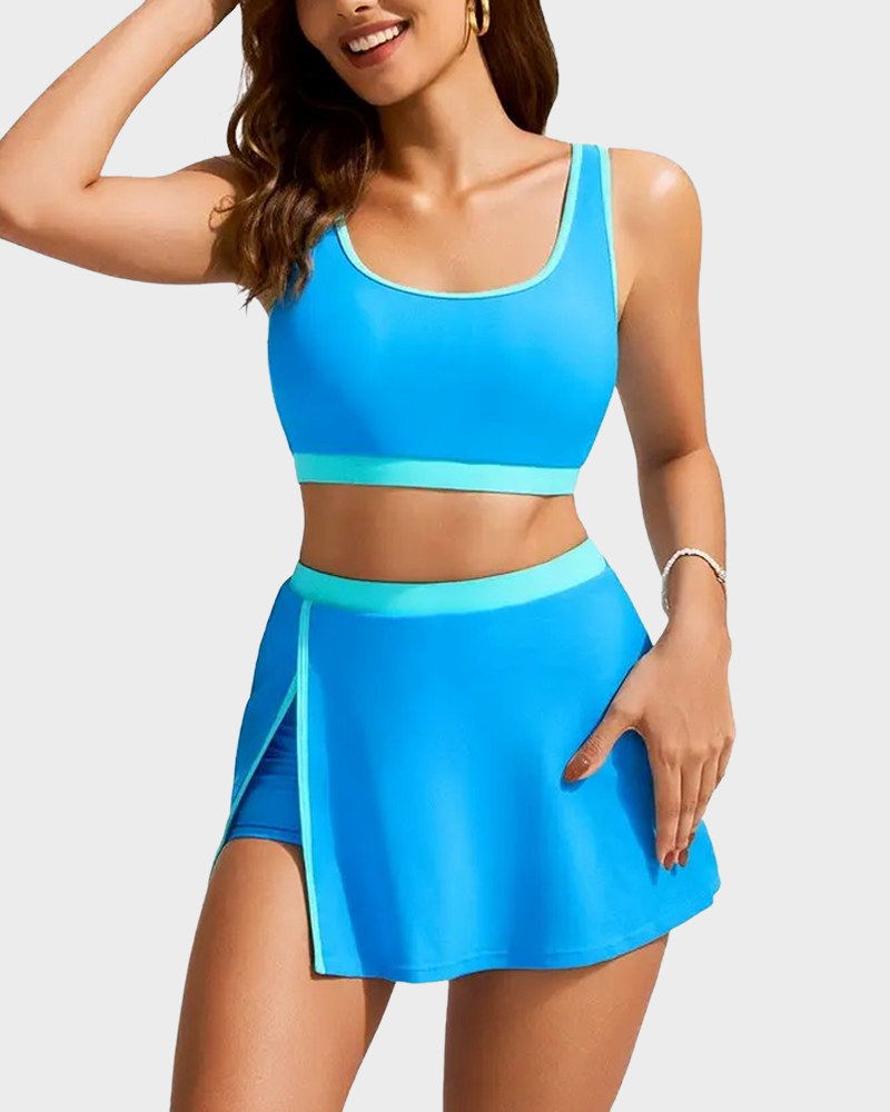 Women's Color Block Two Piece Swimsuit Bikini Set with Side Slit Swim Skirt