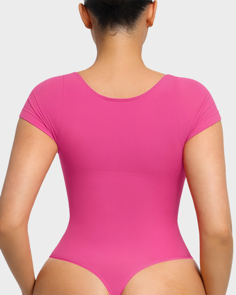Women's V Neck Tummy Control Seamless Bodysuit Short Sleeve Thong Shapewear