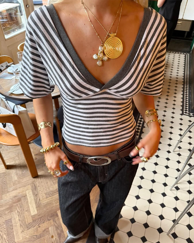 Striped V Neck Puff Sleeve Wrap Crop Top