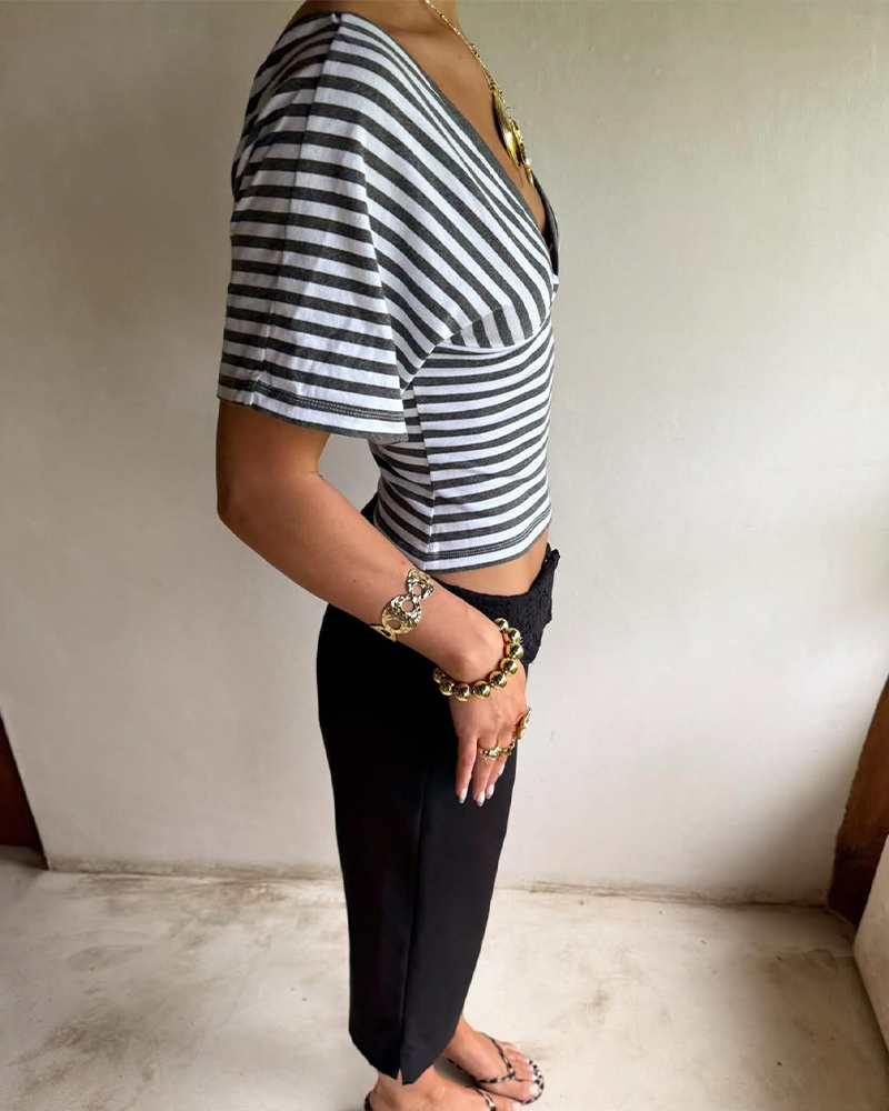 Striped V Neck Puff Sleeve Wrap Crop Top