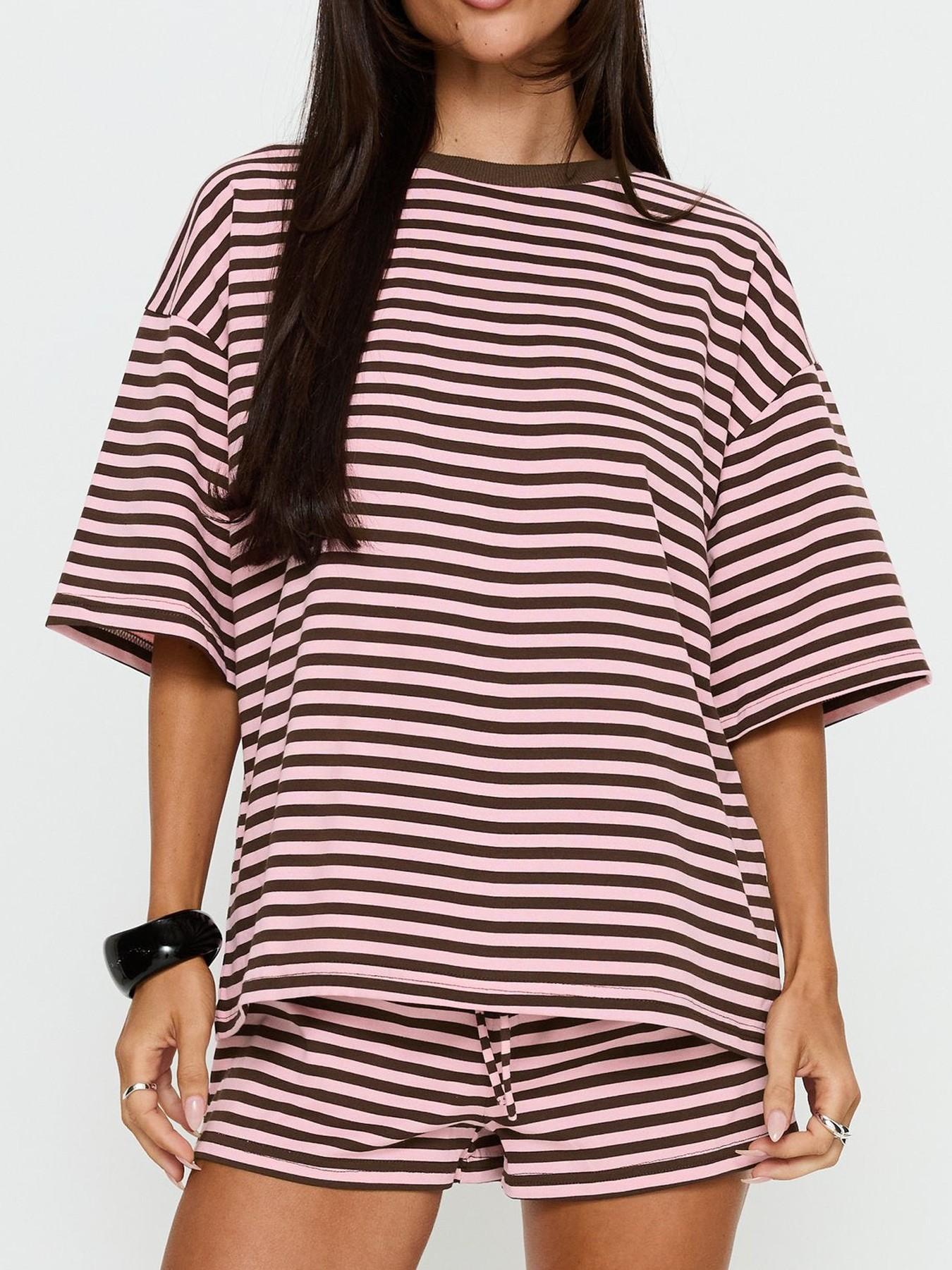 Striped Oversized T Shirt & Drawstring Shorts Soft Casual Knit Lounge 2 Piece Set