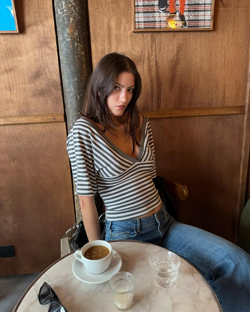 Striped V Neck Puff Sleeve Wrap Crop Top