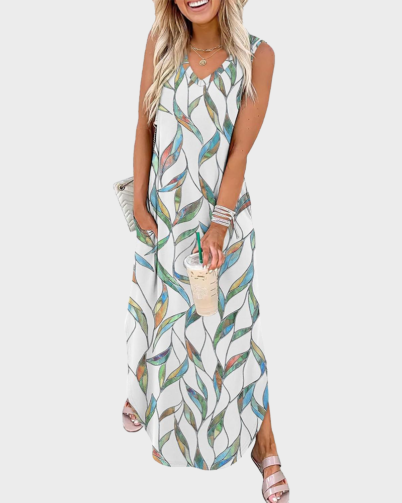Summer Casual Floral Maxi Dress Vacation Beach Sundress with Pockets