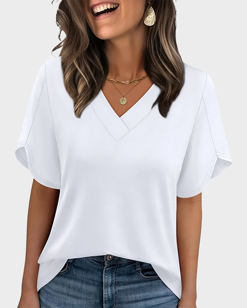 Women's Summer V Neck Short Petal Sleeve Blouse Casual Fashion Top