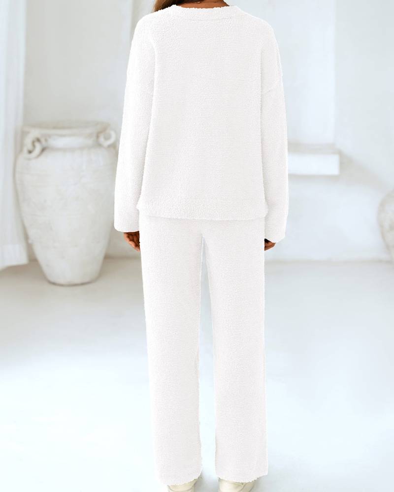 Soft Fuzzy V-Neck Sweater Pajama Set - 2-Piece Loungewear