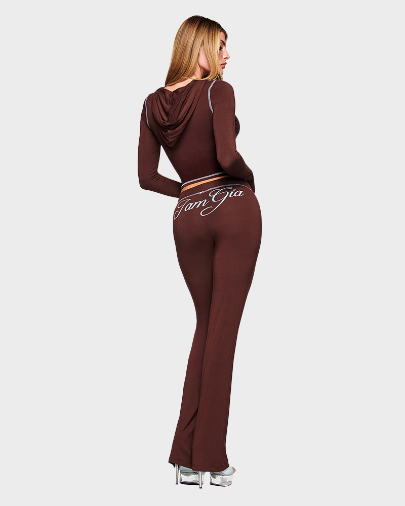 Letter Print Zip Up Cropped Hoodie  & Low Rise Flare Leg Pants Set