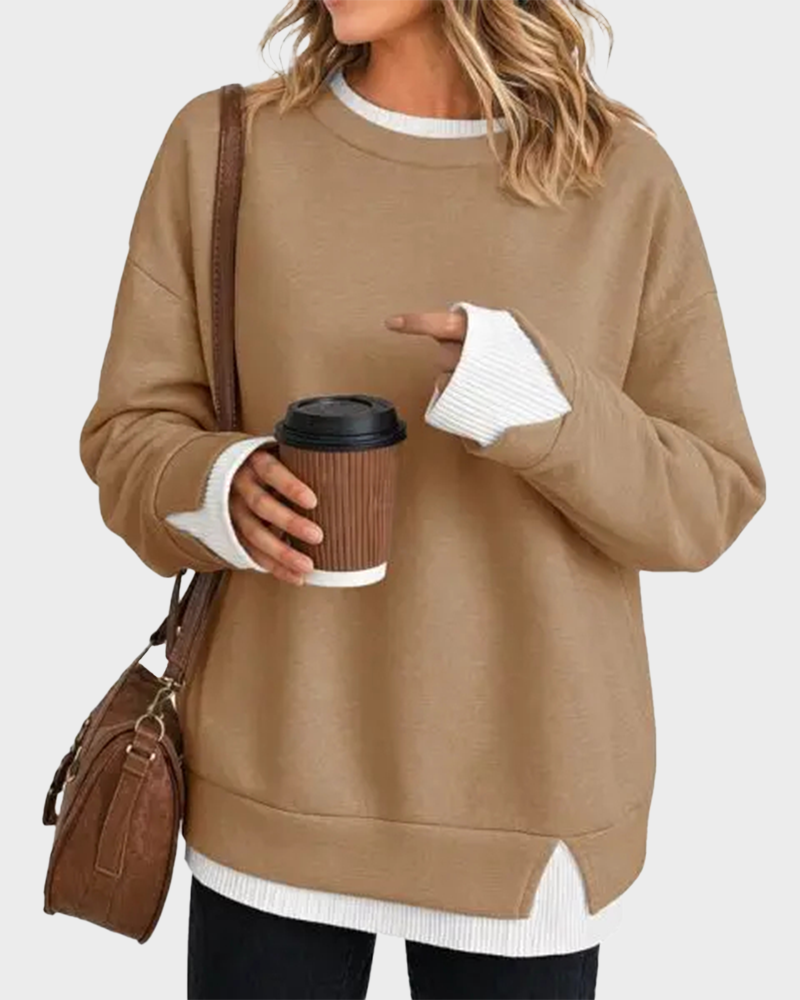 Oversized Patchwork Drop Shoulder Sweatshirt Fake Layered Crew Neck Top