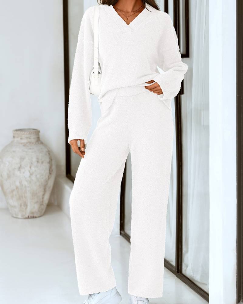 Soft Fuzzy V-Neck Sweater Pajama Set - 2-Piece Loungewear