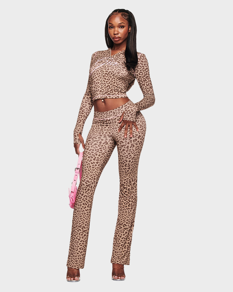 Letter Print Zip Up Cropped Hoodie  & Low Rise Flare Leg Pants Set