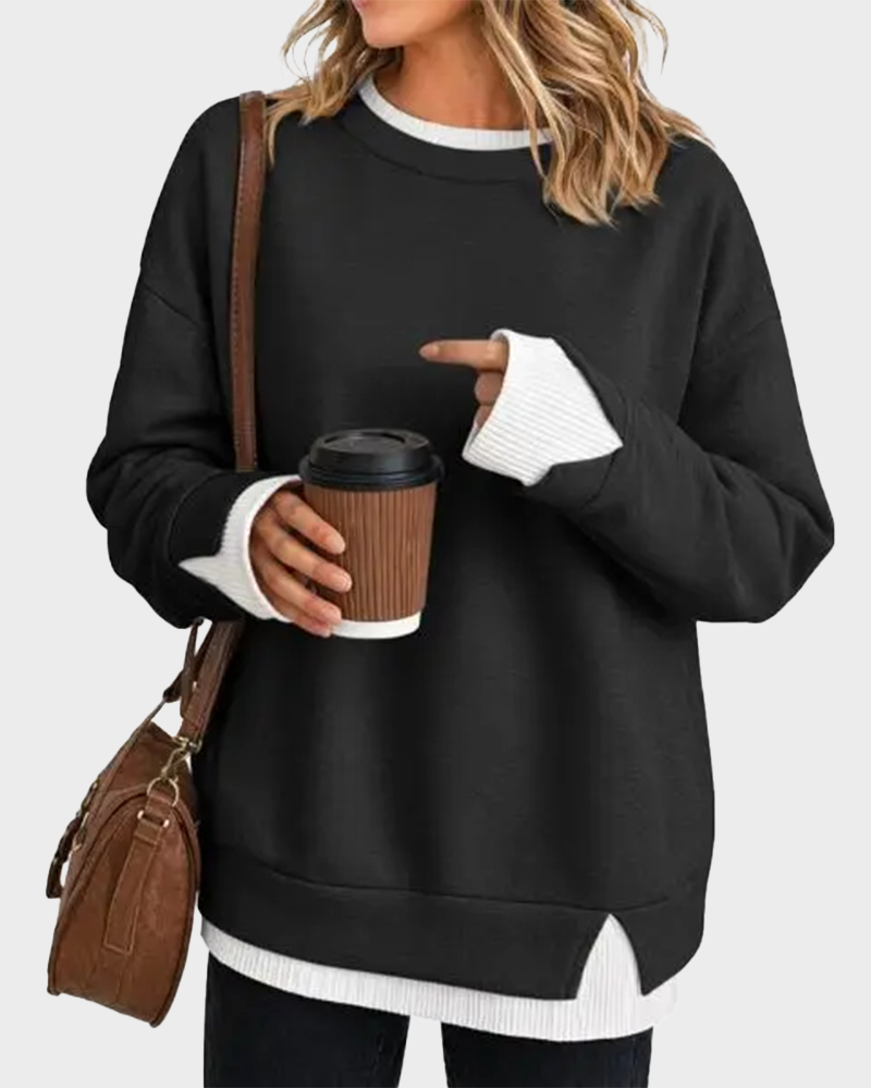 Oversized Patchwork Drop Shoulder Sweatshirt Fake Layered Crew Neck Top