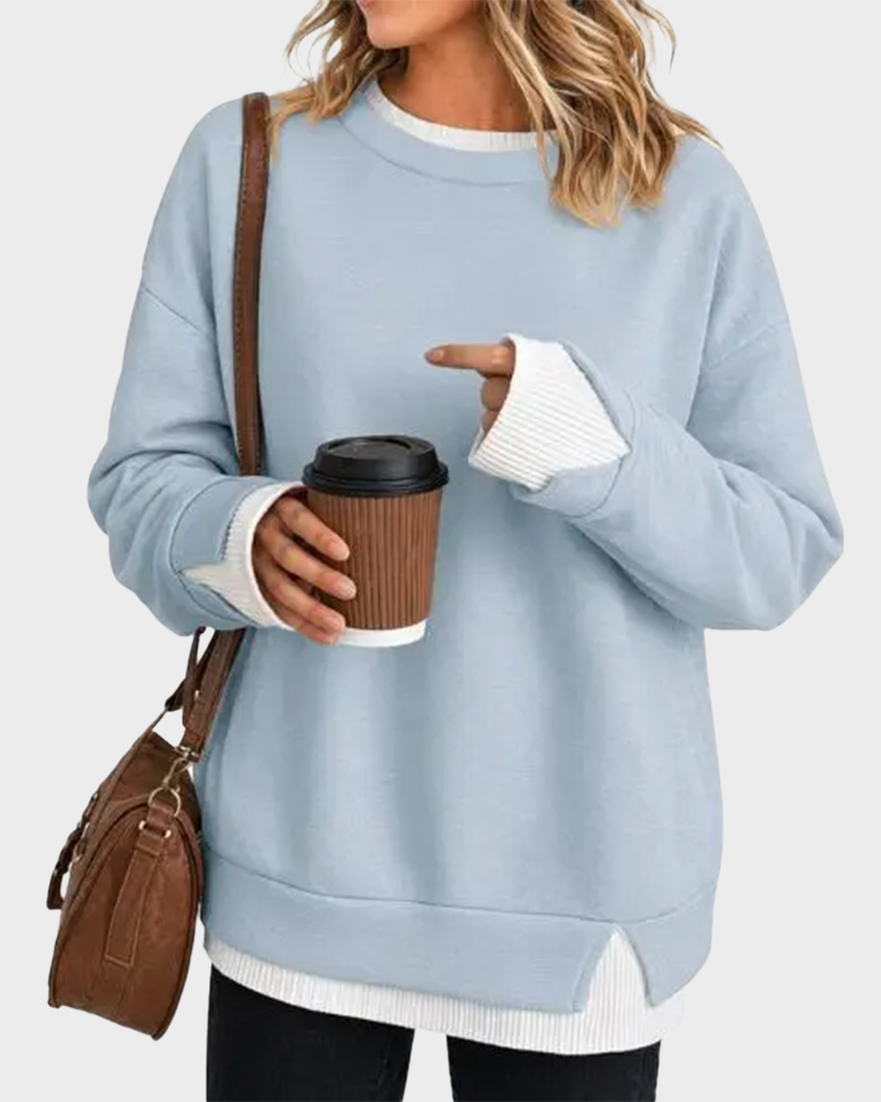 Oversized Patchwork Drop Shoulder Sweatshirt Fake Layered Crew Neck Top