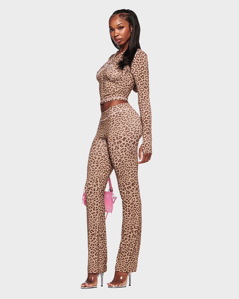 Letter Print Zip Up Cropped Hoodie  & Low Rise Flare Leg Pants Set