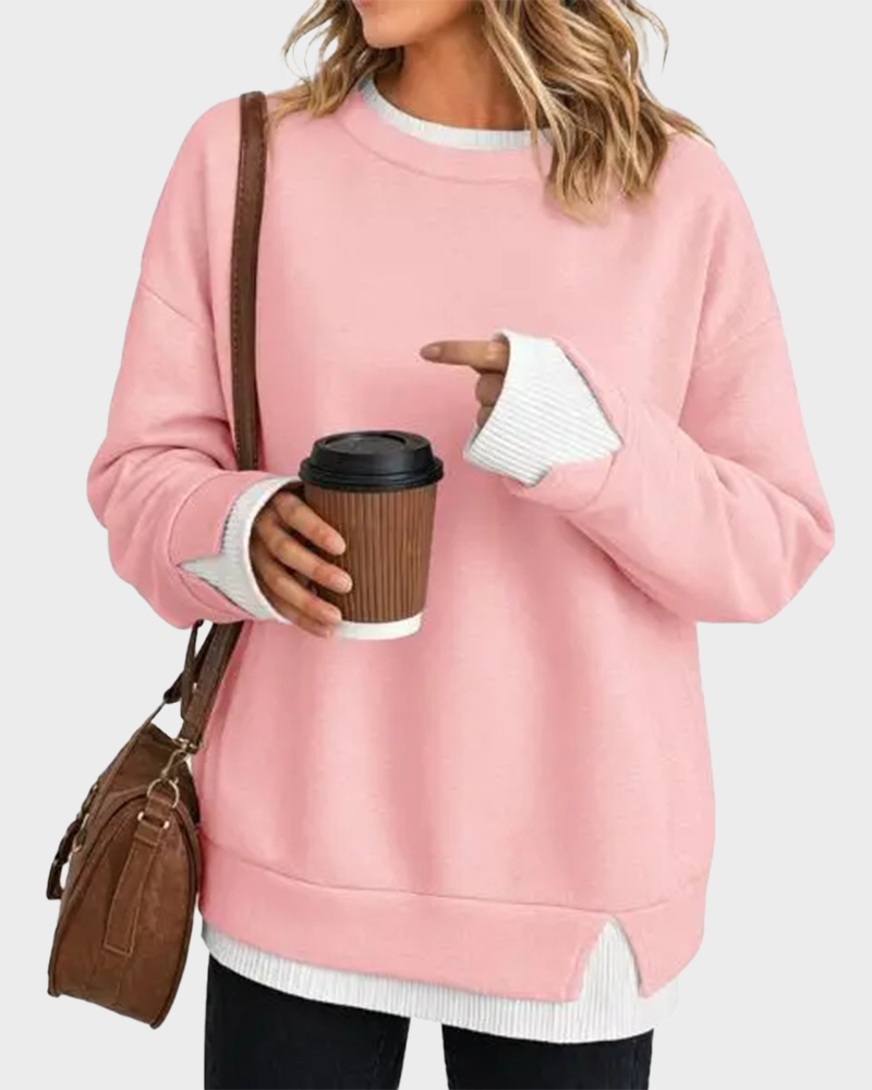 Oversized Patchwork Drop Shoulder Sweatshirt Fake Layered Crew Neck Top