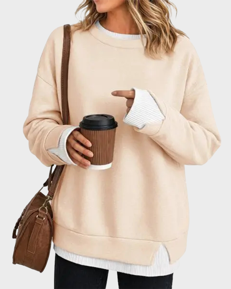 Oversized Patchwork Drop Shoulder Sweatshirt Fake Layered Crew Neck Top