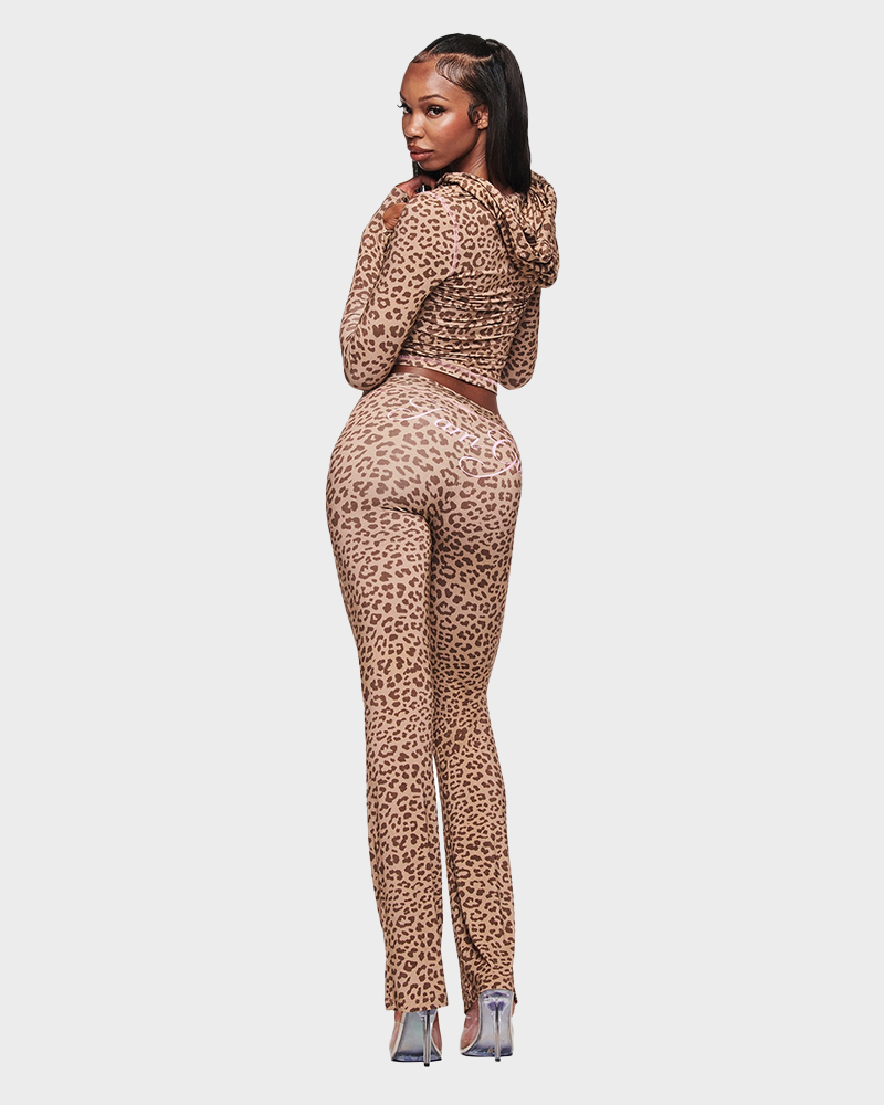 Letter Print Zip Up Cropped Hoodie  & Low Rise Flare Leg Pants Set
