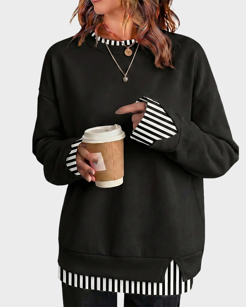 Oversized Patchwork Drop Shoulder Sweatshirt Fake Layered Crew Neck Top