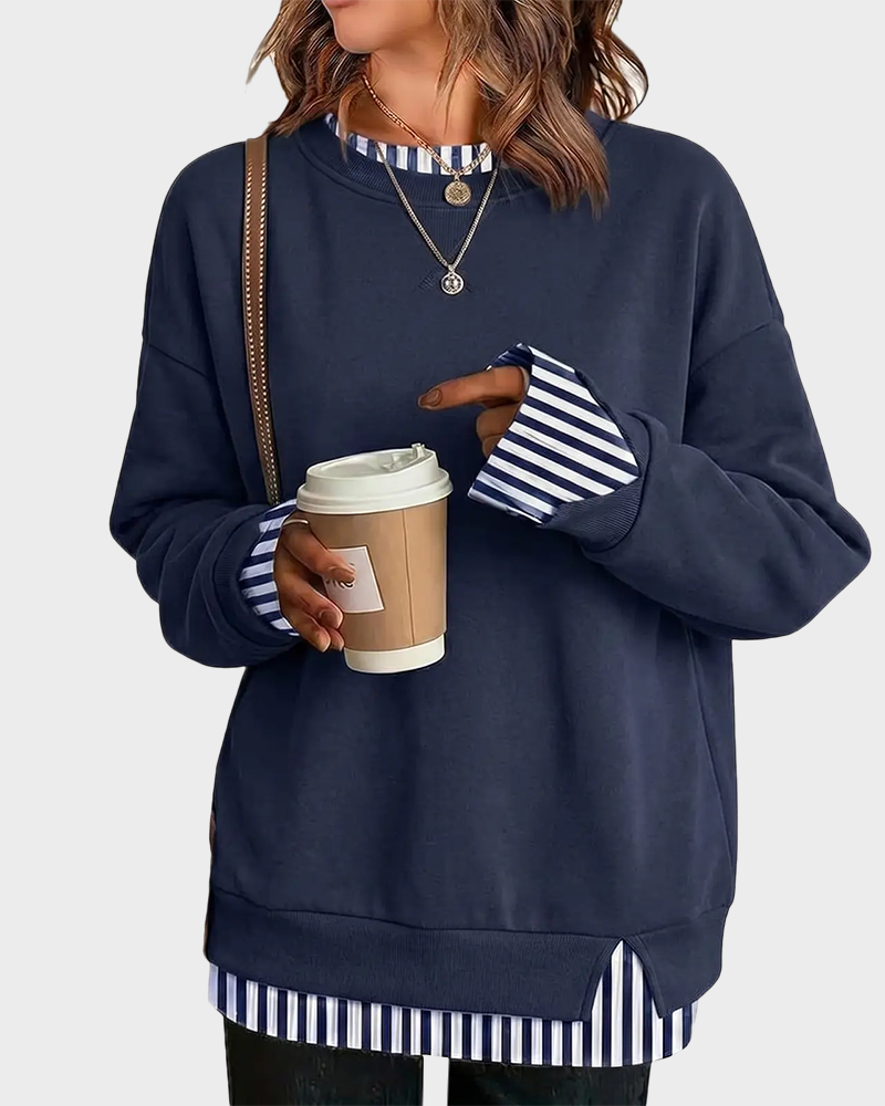 Oversized Patchwork Drop Shoulder Sweatshirt Fake Layered Crew Neck Top