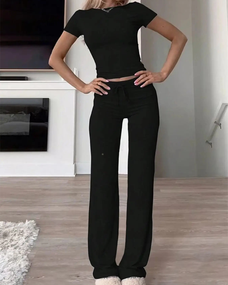 2 Piece Crop Tee & Drawstring Pants Set Round Neck Comfy Lounge Sleepwear