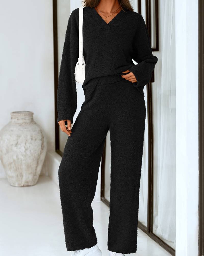 Soft Fuzzy V-Neck Sweater Pajama Set - 2-Piece Loungewear