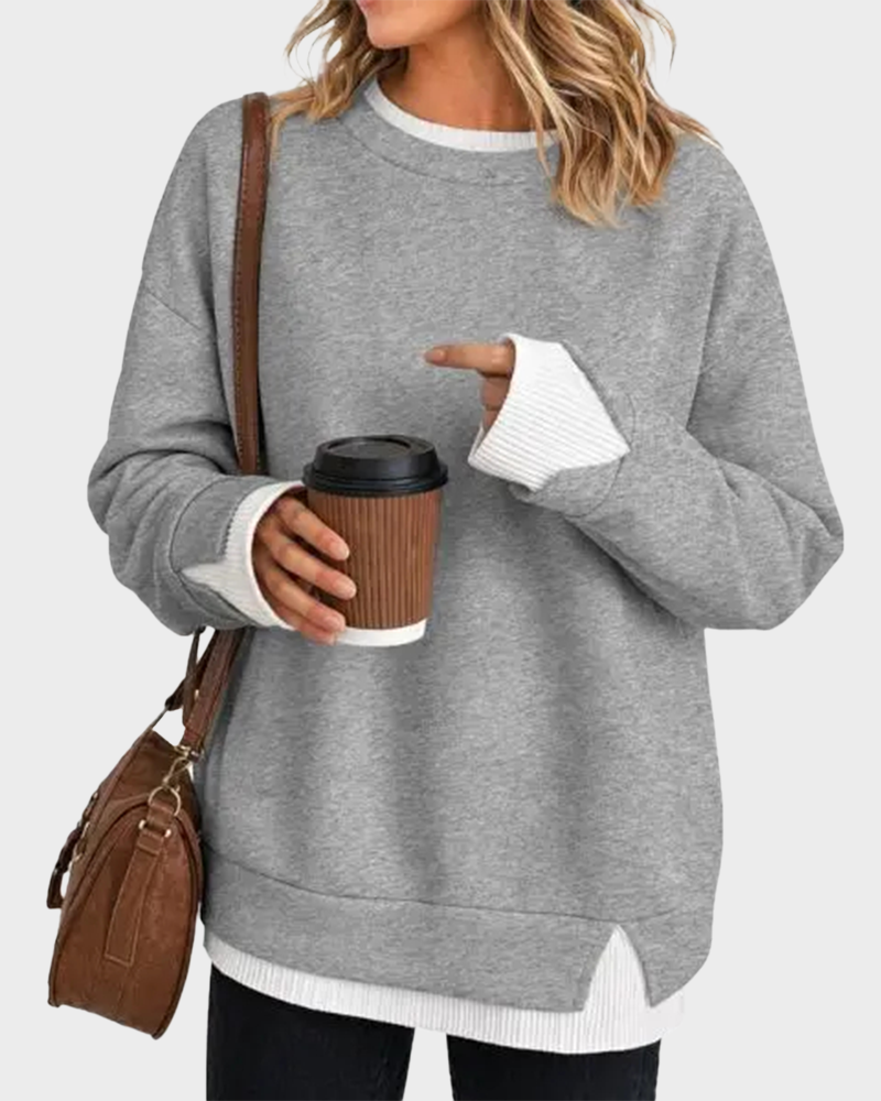Oversized Patchwork Drop Shoulder Sweatshirt Fake Layered Crew Neck Top