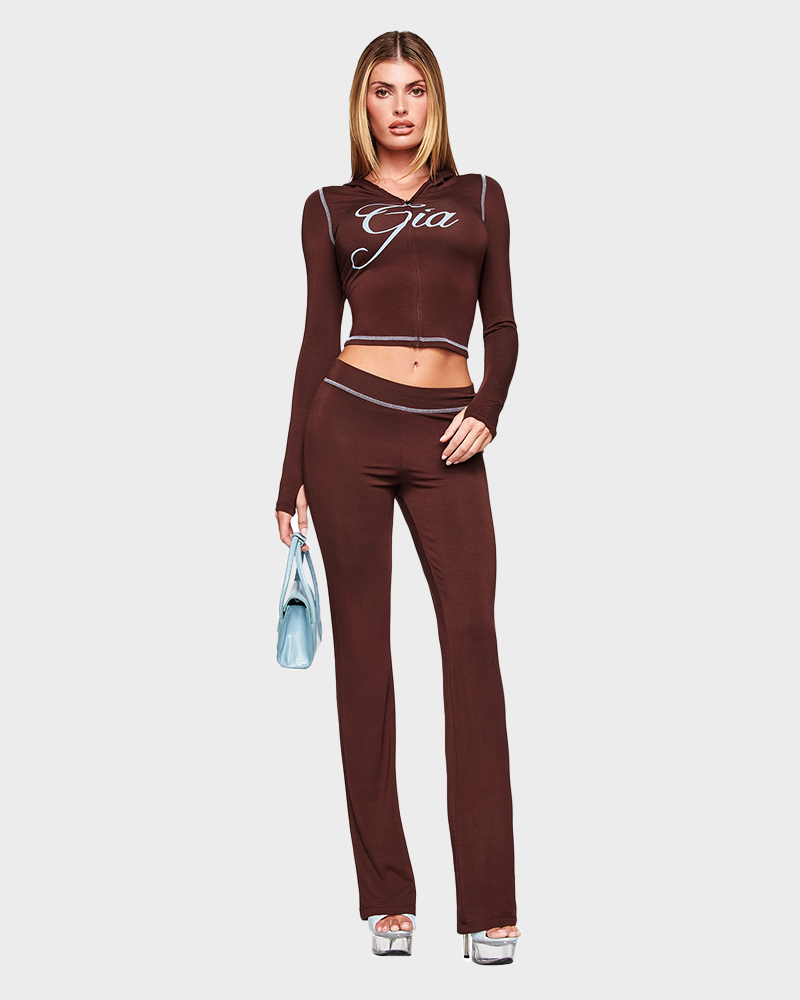 Letter Print Zip Up Cropped Hoodie  & Low Rise Flare Leg Pants Set