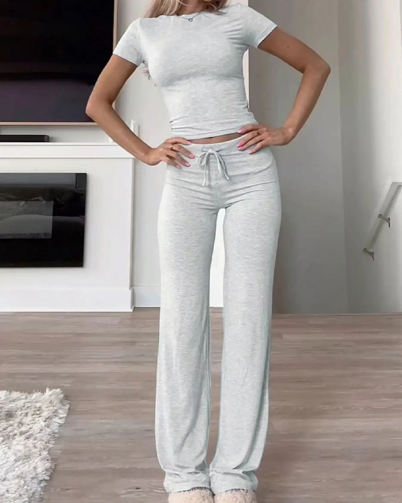 2 Piece Crop Tee & Drawstring Pants Set Round Neck Comfy Lounge Sleepwear