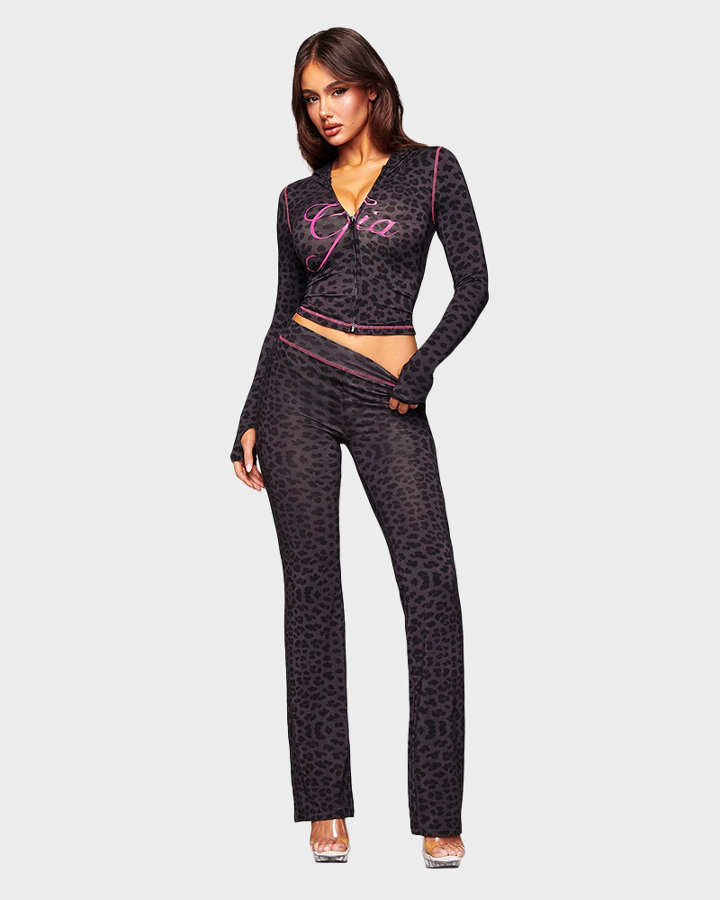 Letter Print Zip Up Cropped Hoodie  & Low Rise Flare Leg Pants Set