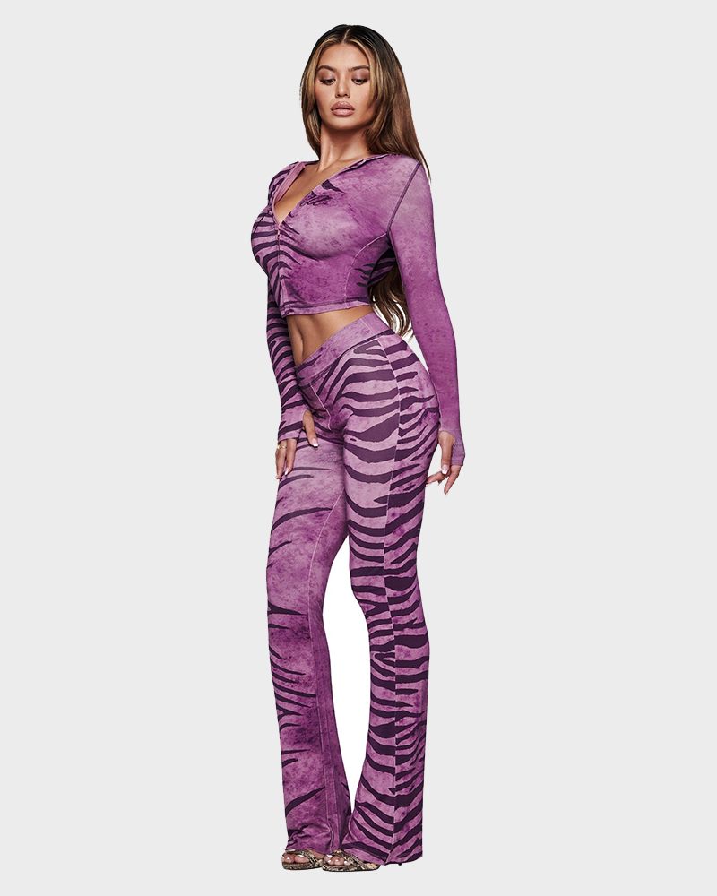 Letter Print Zip Up Cropped Hoodie  & Low Rise Flare Leg Pants Set