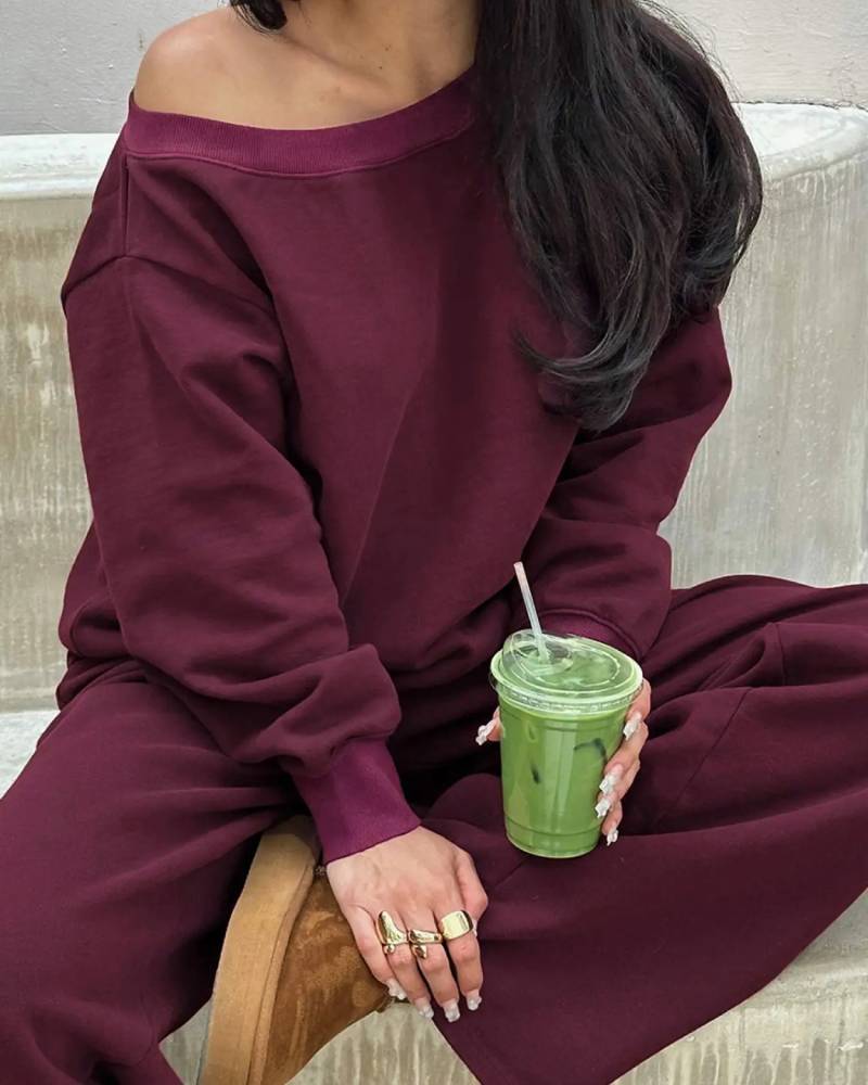 Women's Off Shoulder Long Sleeve Jumper & Pants Casual Fall Basic Sweatsuit 2 Piece Set