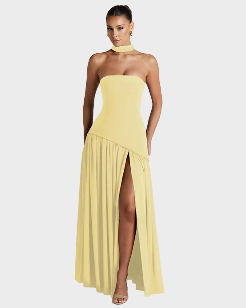 Women's Plain Split Thigh Strapless Bodycon Tube Dress
