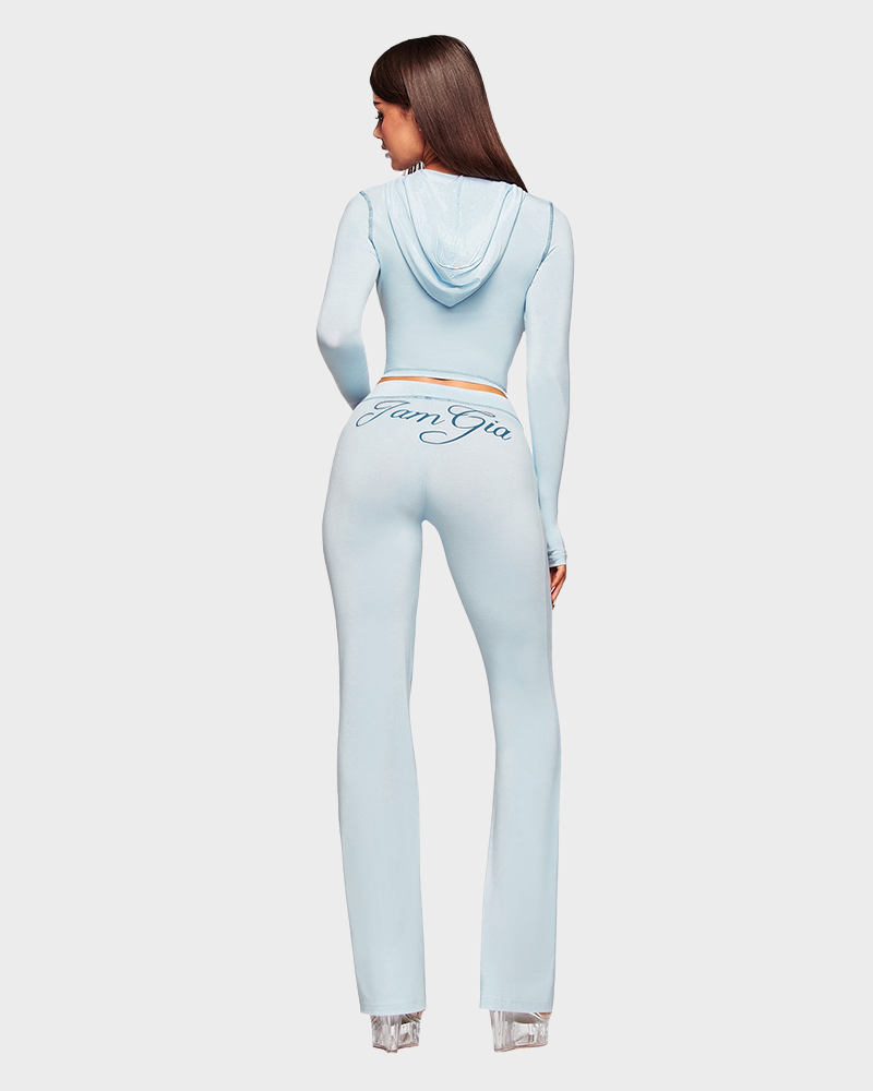Letter Print Zip Up Cropped Hoodie  & Low Rise Flare Leg Pants Set