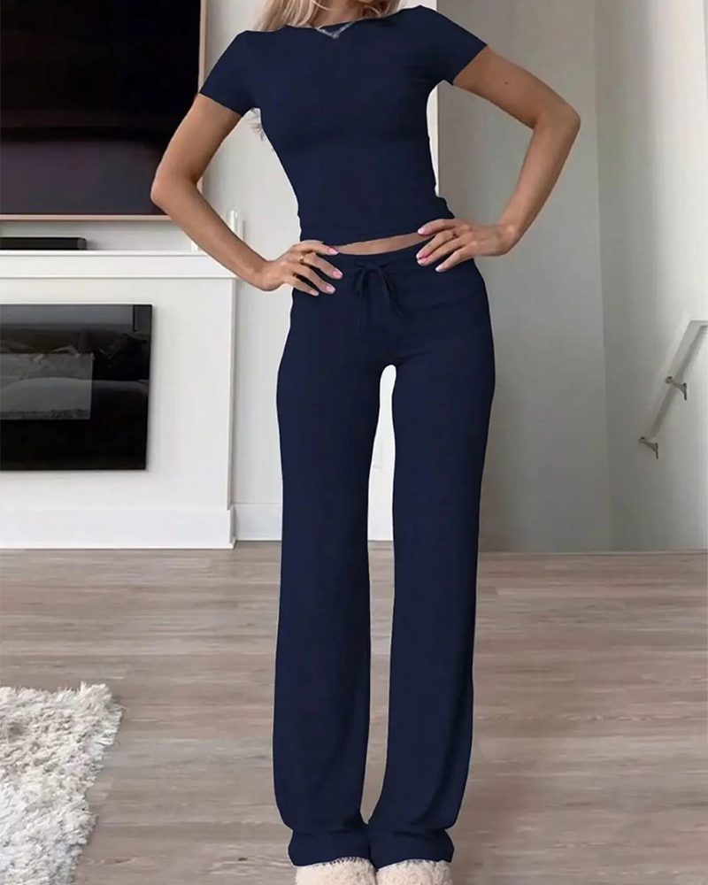 2 Piece Crop Tee & Drawstring Pants Set Round Neck Comfy Lounge Sleepwear