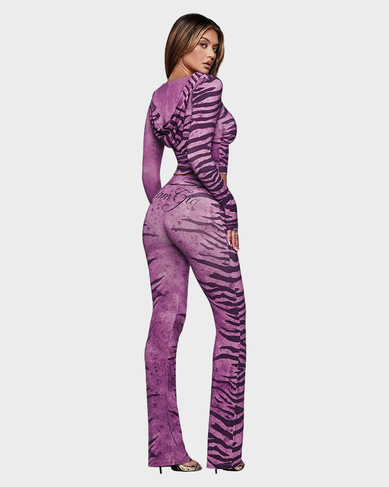 Letter Print Zip Up Cropped Hoodie  & Low Rise Flare Leg Pants Set