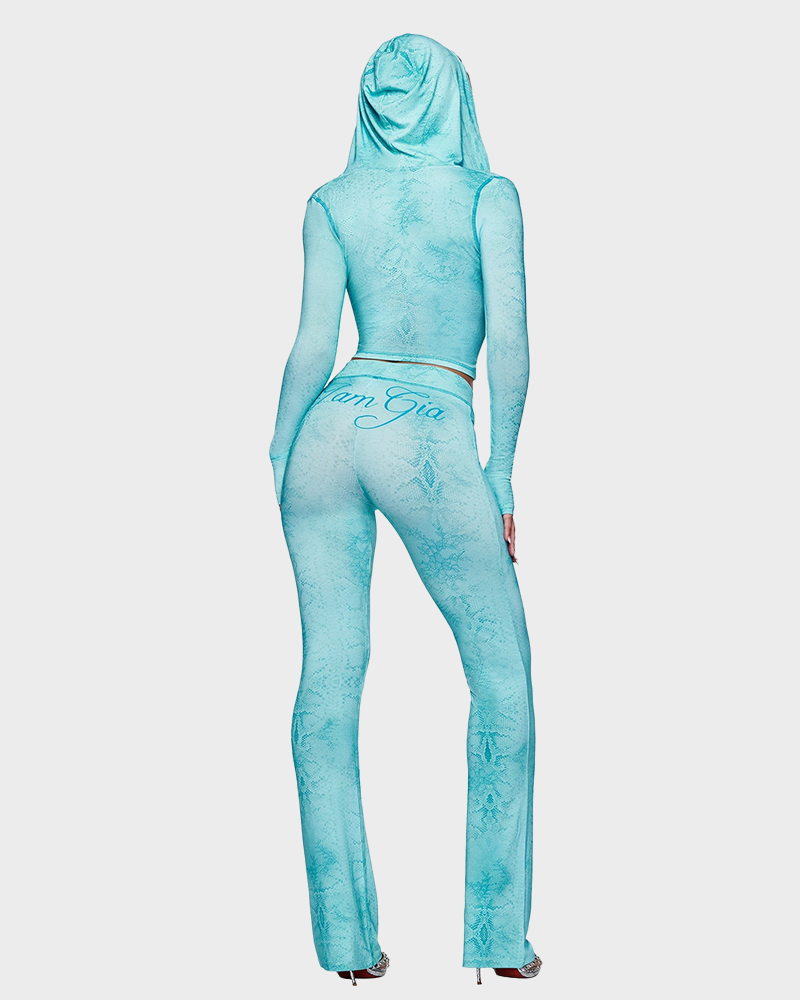 Letter Print Zip Up Cropped Hoodie  & Low Rise Flare Leg Pants Set