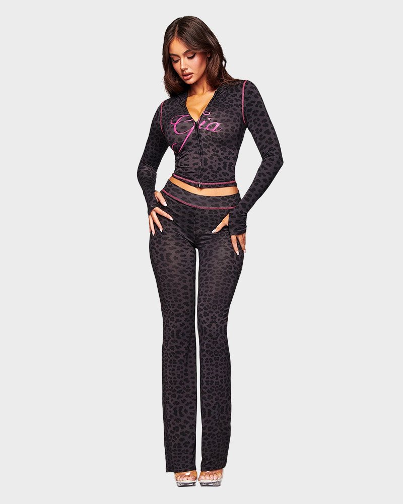 Letter Print Zip Up Cropped Hoodie  & Low Rise Flare Leg Pants Set