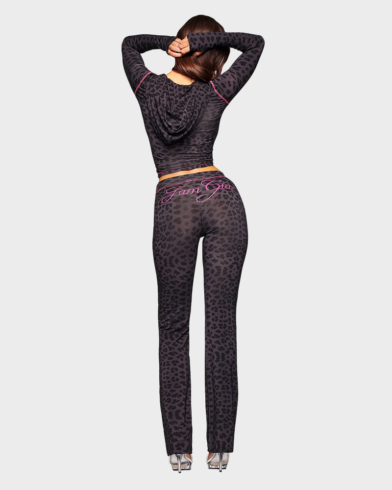 Letter Print Zip Up Cropped Hoodie  & Low Rise Flare Leg Pants Set