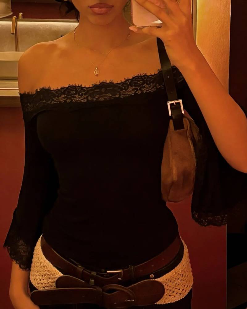 Lace Panel Off Shoulder Flare Sleeve Backless Y2K Vintage Casual Black Top