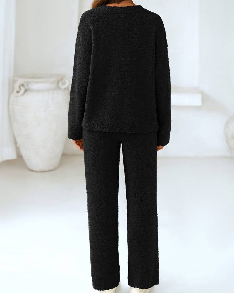 Soft Fuzzy V-Neck Sweater Pajama Set - 2-Piece Loungewear