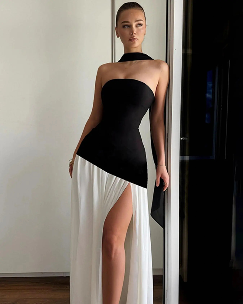 Women's Plain Split Thigh Strapless Bodycon Tube Dress