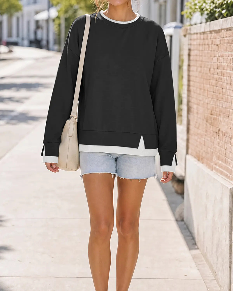 Oversized Patchwork Drop Shoulder Sweatshirt Fake Layered Crew Neck Top