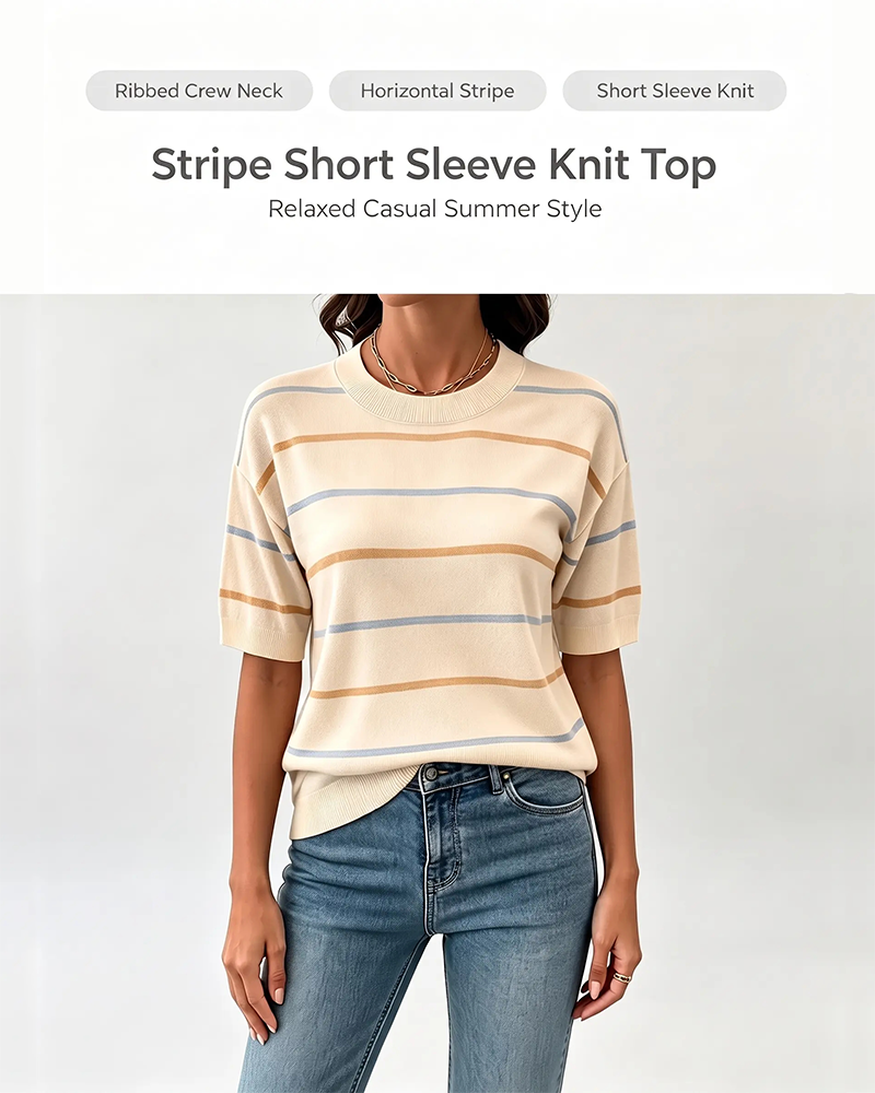 Striped Baggy Pullover Short Sleeve Round Neck Ribbed Cuff Top