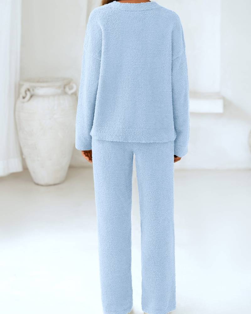 Soft Fuzzy V-Neck Sweater Pajama Set - 2-Piece Loungewear